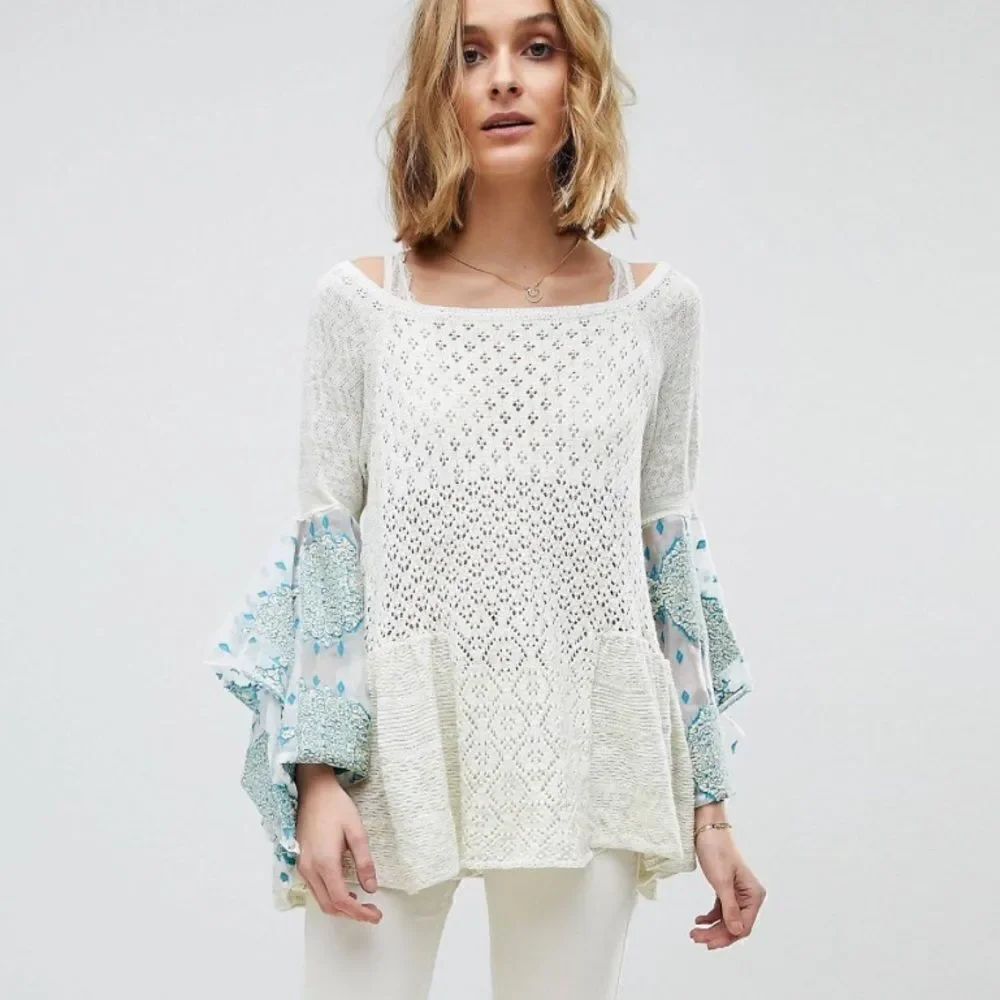 Free People Pointelle Breeze Knit Top in Ivory Combo L